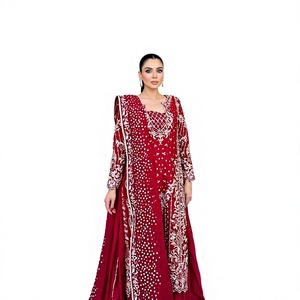 Red Embroidered Salwar Kameez Pakistani Top Dressing Set Long <b>Coat</b> Wedding Festival Wear - Product Image 1