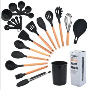 Vente chaude Articles de cuisine 15 Set Ustensiles de cuisine, Vente en gros Résistant à la chaleur Manche en bois Silicone Ustensiles de cuisine Ensemble