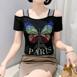 T-shirt a farfalla colorata per ragazze alla moda con strass di lusso da donna a manica corta <span class=keywords><strong>vestiti</strong></span> traspiranti con spalle scoperte - Product Image 1