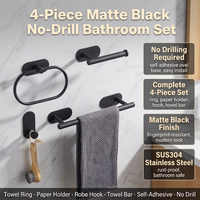 Ensemble d'accessoires de salle de bain en acier inoxydable noir, auto-adhésifs, sans perçage, comprenant porte-serviettes, porte-papier et crochets pour peignoirs, 4 pièces
