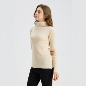 Pull en maille côtelée crème pour femme, col roulé, manches longues, anti-boulochage, style minimaliste, idéal pour l'hiver - Product Image 5