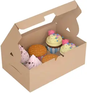 定制食品级牛皮纸面包店糕点盒，带有展示窗和插入物，适合6个蛋糕
