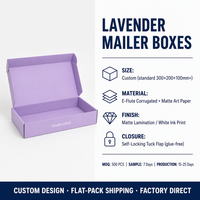 Boîte d'expédition en carton ondulé personnalisée, violet lavande mat, à fermeture auto-adhésive, emballage plat pour cosmétiques, cadeaux de beauté, usine OEM ODM