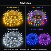 Guirlande lumineuse étanche IP44 de 10 m (33 pi) avec 100 LED, DC 31V, Ra85, 8 modes, solaire ou à brancher, blanc chaud, multicolore, pour décoration extérieure de Noël, OEM