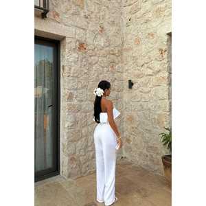 Mono Blanco con Estampado Floral, Cintura Alta, Corte Holgado, Estilo Urbano con Logotipo Personalizado, para Verano, Otoño, Playa, Fitness, Largo Midi - Product Image 4