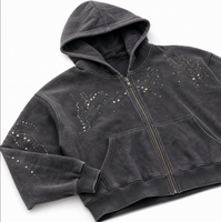 Sweat-shirt à capuche zippé intégral en molleton bouclé épais 450 GSM avec strass, délavé aux enzymes, coupe oversize, streetwear pour homme