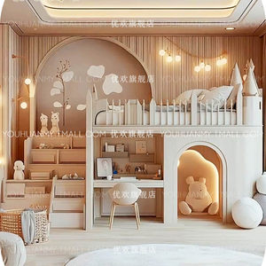 Letto a castello personalizzato per ragazze, ideale per appartamenti di grandi dimensioni, con <span class=keywords><strong>design</strong></span> su misura, scrivania, toeletta, elementi a forma di albero e casetta sull'albero - Product Image 5