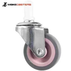 Roda kecil peralatan medis roda putar kastor TPR Pink ungu furnitur 2 "3 inci rem samping pelat braket plastik batang berulir