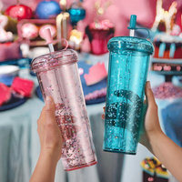 700ML mignon paillettes brillant Double paroi gobelet personnalisé réutilisable paille eau potable directe coulant en plastique verres adultes
