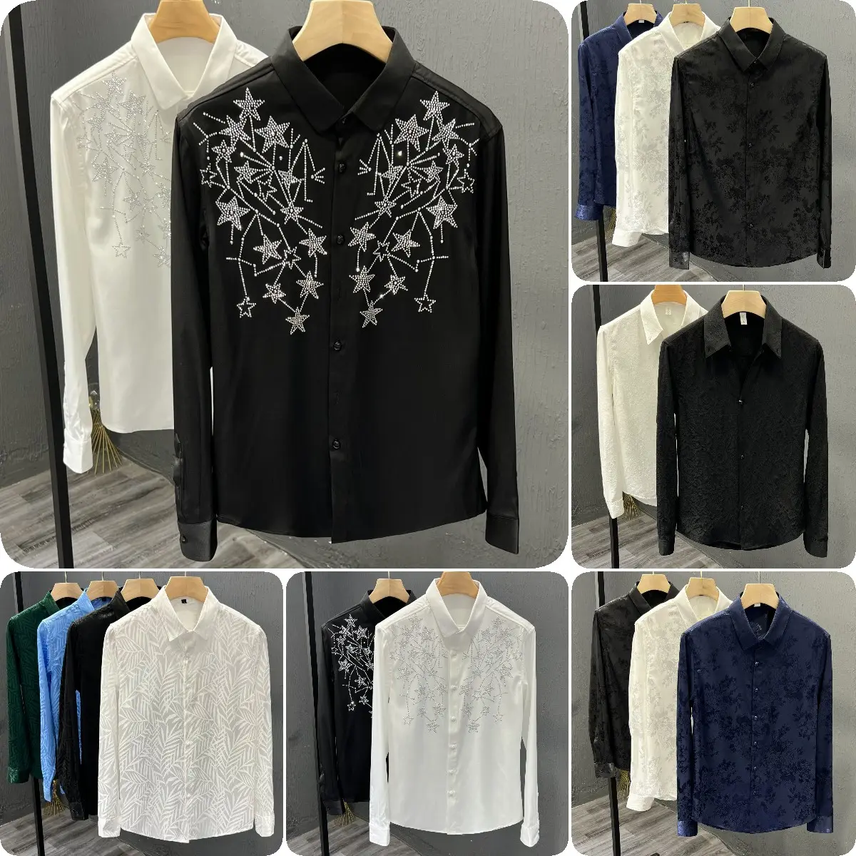 2023 new rhinestone wings slim long-sleeved casual men's party business social dress shirt wholesale