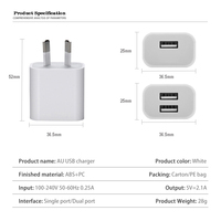 Cargador de Pared USB Dual de Carga Rápida de 10 W, Cubo con 2 Puertos de 5 V y 2,1 A, Adaptador con Enchufe AU, Resistente al Fuego, para Computadora Portátil y Teléfono Celular