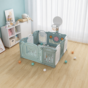 Parc de jeu pour bébé vert menthe avec panneau interactif de basket-ball, clôture de sécurité modulaire intérieure pour tout-petits - Product Image 1