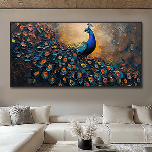 Grande <span class=keywords><strong>Peinture</strong></span> Murale Décorative Faite à la Main sur Toile, Oiseau Coloré Texturé, Art Déco Animal <span class=keywords><strong>Paon</strong></span> pour Salon - Product Image 2