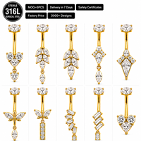 Vente en gros de anneaux de nombril en acier chirurgical 316L avec zircon CZ, motifs cœur, feuille, papillon, baguette, bijoux de piercing pour femmes