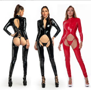 Valentine's Day Women Black Faux Leather Dance <strong>Jumpsuit</strong> <strong>Vinyl</strong> Catsuit Open Crotch Lace up Bodysuit Long Pants Tight E6750 - Product Image 5