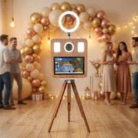 Photomaton pour événements de mariage, machine photo DSLR sur trépied aspect bois avec flight case et éclairage d'appoint, cabine photo pour fêtes et selfies