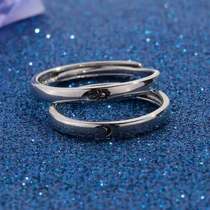 Sun Moon cincin pasangan bisa disesuaikan, perhiasan R001 minimalis warna perak klasik berlapis perak tembaga 8g