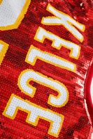 Robe T-shirt personnalisée rouge en polyester à imprimé sequins pour femme, longueur courte, taille ample, idéale pour les sorties décontractées ou les matchs de football en ville