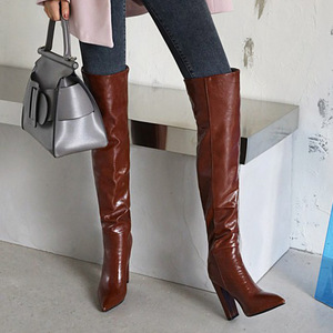 Reflective High Quality PU Upper Slip-on Big Size 43 Women Over Knee High <b>Boots</b> Chunky Heel Lady Pointed Toe Thigh High Booties - Product Image 1