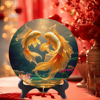 Dekorasi Meja Bundar Ikan Koi Emas Teratai Lukisan Kristal Ornamen Feng Shui Kekayaan Keberuntungan Dekorasi Rumah untuk Ruang Tamu Hadiah