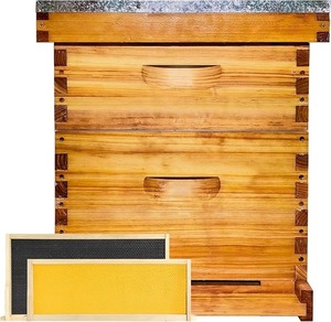 Nouvelles ruches Langstroth avec 1 boîte profonde et 1 boîte moyenne en bois de pin, enduites de cire d'abeille, avec cadres et fondations, non assemblées - Product Image 1