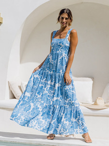 เดรสยาวทรงเอไลน์สำหรับผู้หญิง ระบายอากาศได้ดี เป็นมิตรกับสิ่งแวดล้อม คอเหลี่ยม เอวสูง ลายดอกไม้ สายเดี่ยว ผ้าโพลีเอสเตอร์ 100% สำหรับใส่ในชีวิตประจำวัน - Product Image 5