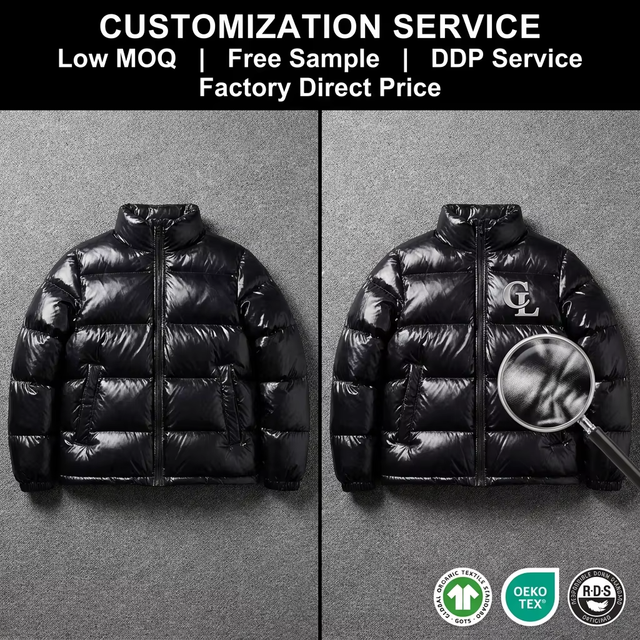 Custom Puffer Jacket Manufacturer Detachable Hood Shiny Puffer Jacket Removable Hood  RDS Certified Goose/duck Down Jacket