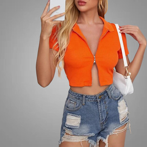 New Fashion Collared Zip Up Top corto da donna in maglia a costine arancione Casual Crop Top camicette da donna Slim Fit tinta unita - Product Image 2