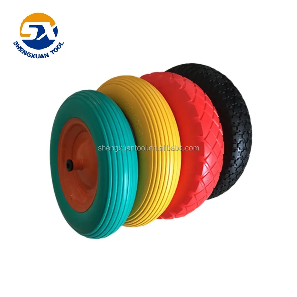 Rueda de carretilla sólida de PU, rueda plana sin ruido con borde de acero y varios colores
