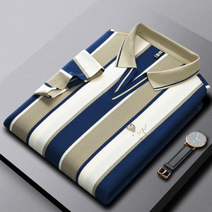 T-shirt d'été rayé à manches courtes et col en V, brodé, décontracté chic <span class=keywords><strong>pour</strong></span> homme, chemise de bureau, polo - Product Image 2