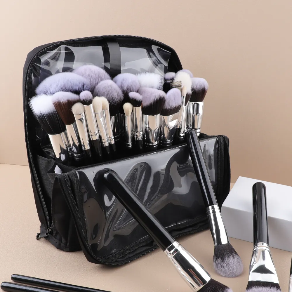 FIYAN Grande Capacité Portable Voyage Noir Nylon Transparent PVC Maquillage Brosse Maquillage Stockage Cosmétique Sac Titulaire Sac