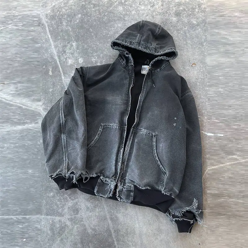 Custom High Quality Acid Washed Oversized Distressed Sweatshirt Hoodie Hooded Zip Up Sun Faded Jacket hoodie