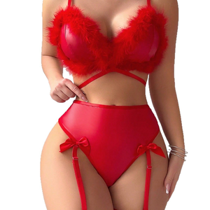 Ensemble soutien-gorge à armatures et culotte en peluche rouge, grande <span class=keywords><strong>taille</strong></span>, lingerie érotique avec <span class=keywords><strong>porte</strong></span>-jarretelles, prêt à expédier, dropshipping - Product Image 3
