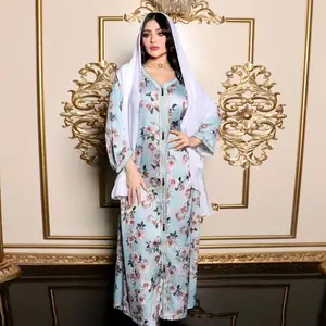 2022 new fashion abaya dress with rose floral pattern arabic satin polyester kaftan clothing for Muslim women