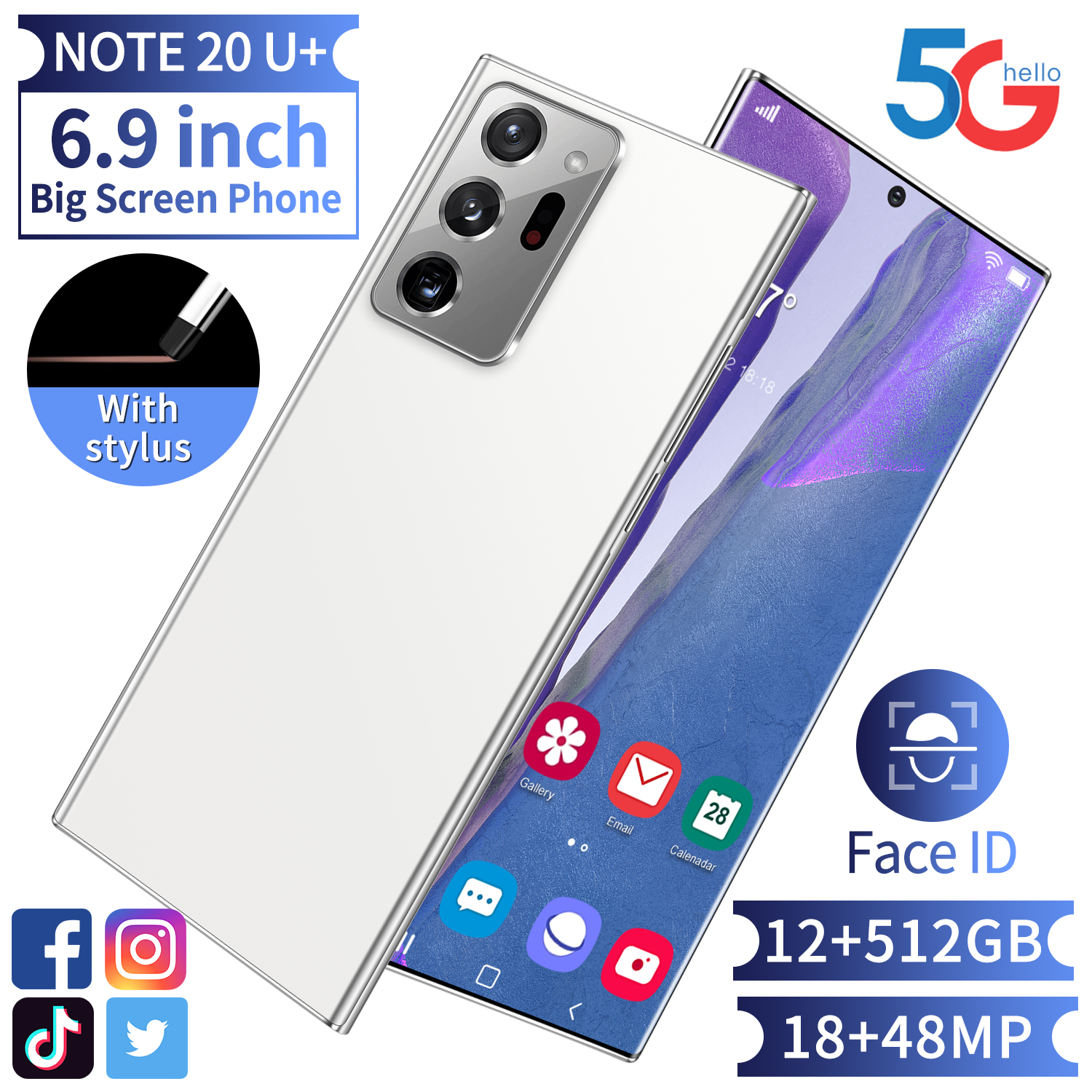 Глобальная версия Note20U + 4 + 64 Гб 6,7 дюйма Android11 смартфон 6800 мА/ч, полный экран Deca core, размер экрана сети LTE телефон