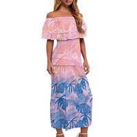 Ensemble 2 pièces élégant personnalisé pour femme, rose ombré, style bohème, avec volants à la cheville et imprimé tropical hawaïen à motifs végétaux, thème île et pays.