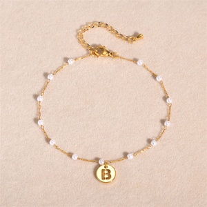 Custom Personalized Jewelry <b>Gold</b> Plated Stainless Steel Hollow Round Letter Pendant Pearl <b>Anklet</b> Bangles - Product Image 5