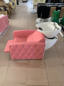Sillón de Lavado de Cabello con Tapicería de Diamantes Rosados, Reclinación Manual, Asiento de Cuero para Salón, Lavabo de Porcelana, Mueble para Lavado de Cabello - Product Image 3