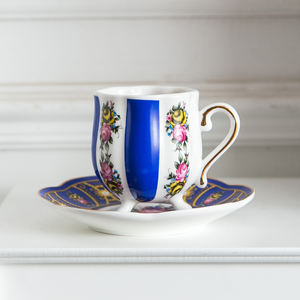 أكواب صحون بورسلين عربية كلاسيكية كلاسيكية عتيقة زرقاء فاخرة ذهبية بحف مزخرفة أطقم فناجين قهوة تركية للقهوة والشاي - Product Image 6