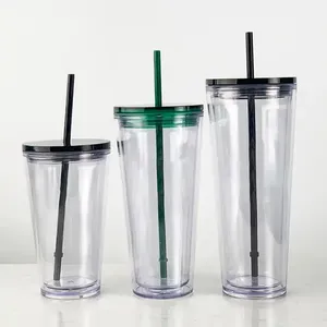 Diskon besar 16oz 24oz Diy cangkir minuman dingin di musim panas dinding ganda bening terisolasi botol plastik salju bola dunia Tumbler dengan tutup dan sedotan