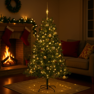 Albero di Natale Artificiale Pieghevole 150 cm con Luci LED Bianco Caldo e Decorazioni Dorate, Base per Interni, Facile Installazione - Product Image 2