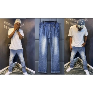 Jeans en denim stretch slim fit pour hommes avec clous en diamant, mode streetwear pour hommes - Product Image 6