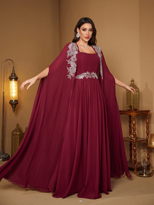 Robe de soirée élégante en deux pièces pour femmes, col <span class=keywords><strong>carré</strong></span>, sequins, patchwork, manches cape, <span class=keywords><strong>coupe</strong></span> ajustée, buste plissé, en mousseline de soie, pour l'été - Product Image 4