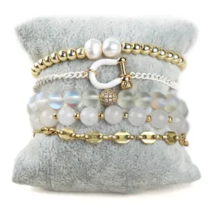 Fashion Jewelry Alloy Chain Handcuff Bracelet Natural Stone Polymer Clay Crystal Glass Resin Peace Hematite Pearl Bracelet Set