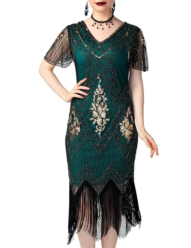 Tùy Chỉnh Của Phụ Nữ 1920S Cổ Điển Sequin Long Lanh Trang Trí Cái Mỏ Midi Ăn Mặc Với Tay Áo Dresses