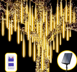 Lampu hujan Meteor <span class=keywords><strong>LED</strong></span> tenaga surya, lampu hujan Meteor <span class=keywords><strong>LED</strong></span> 10 tabung 30cm, warna-warni, salju, jatuh, es IP65, tahan air, tali plastik tembaga, Natal - Product Image 1