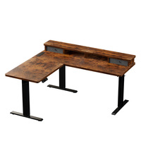 Table d'angle en L de 1,6 mètre avec multiprise et ports USB, bureau réglable en hauteur pour position assise ou debout