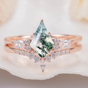 925 <strong>Sterling</strong> <strong>Silver</strong> Vintage Kite Cut Moss Agate Diamond Engagement <strong>Ring</strong> <strong>Set</strong> 14k Rose Gold Green Moss Agate Wedding Bridal <strong>Set</strong> - Product Image 6