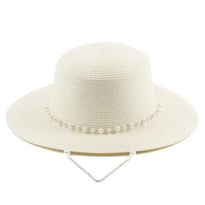 Wholesale Seaside Sunshade Paper Sun Beach <b>Hats</b> <b>Flat</b> Round Top Womens Straw <b>Hats</b> With Pearl Chain - Product Image 6