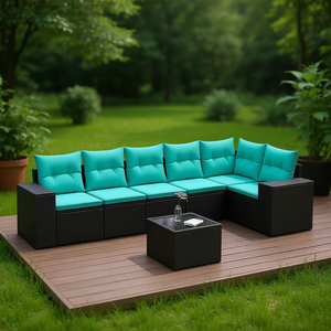 7 Piece Black Poly <b>Rattan</b> Garden <b>Sofa</b> Set With Cushions Outdoor Furniture Contemporary Style - Product Image 2